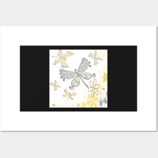 Dragonflies Yellow & Grey on White Background Happy Inspirational Design Mother's Day Gifts Posters and Art